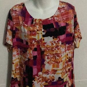 Abstract Print Short Sleeve Women's Top - Pink Multi size 2X